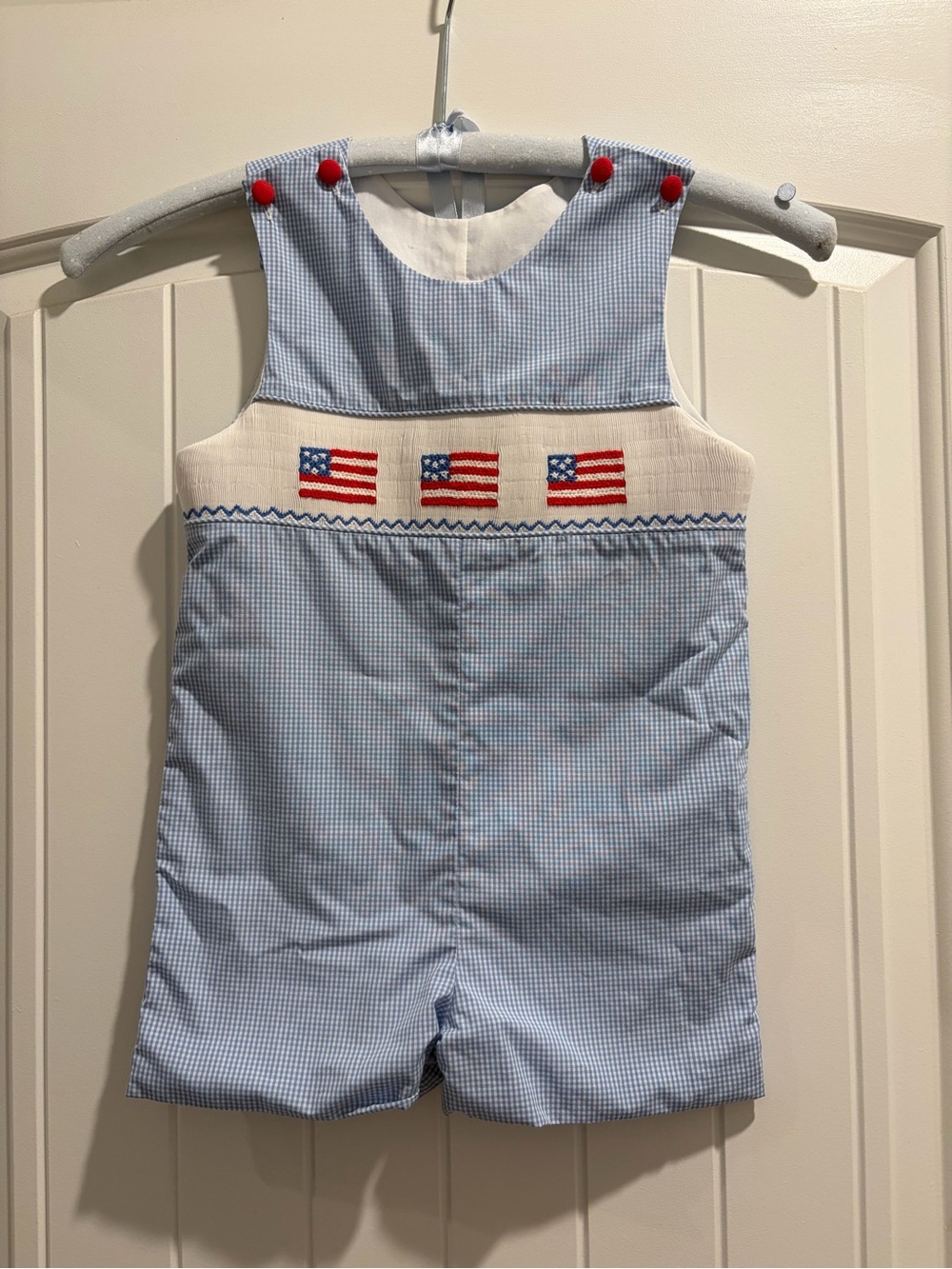 Classic Whimsy Blue Gingham American Flag Smocked Shortall JonJon 3T